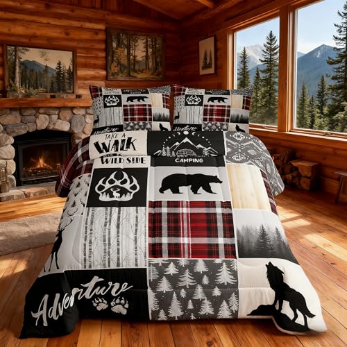 Deer Antlers Comforter Set King Size,Bear Paws Pine Trees Xmas Bedding Set for Kids Boys Girls Adults Room Decor,Lattices Patchwork Rustic Farmhouse Down Comforter,Red Duvet Insert,2 Pillowcases