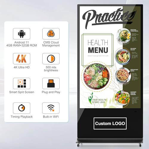 Image of Digital Signage 4K UHD Touchscreen Android 11 System (4+32GB) Indoor Floor Standing Kiosk Interactive Displays LCD Screen with Auto Media Player WiFi HDMI /USB Input (65 inch)
