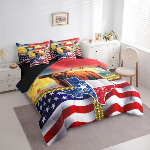 Image of Highland Cow Full Size Bed Sheets and Comforter Set American Flag Western 7-Piece Bedding Set Cowboys Gifts for Men Texas Star Bed in a Bag,Longhorn Bull Cattle Eagle Bed Sets,Red Blue Farmhouse Decor