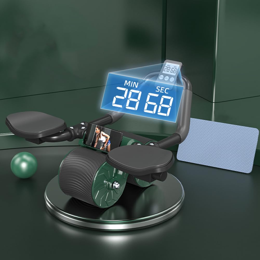 Automatic Rebound Abdominal Wheel, Ab Roller Wheel with Timer Elbow Support for Beginners, Exercise Double Wheel with Knee Mat Holder for Body Fitness Strength Training Home Gym (D-Black Green)