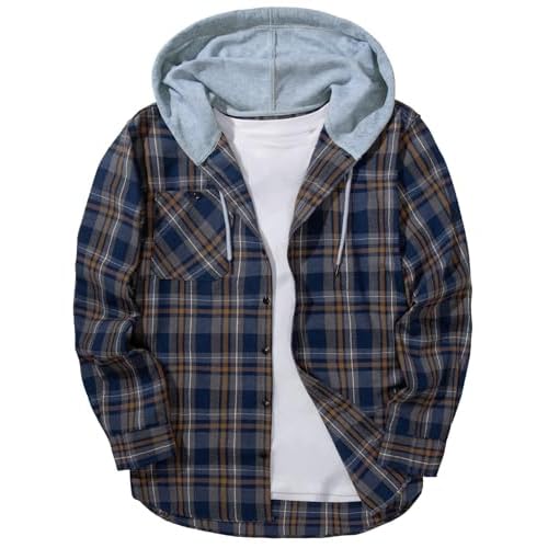 ZITY Men's Flannel Hoodie Shirts Casual Button Down Plaid Shirt Jackets for Men Long Sleeve Stylish Hooded with Pocket Medium Navy Blue Yellow