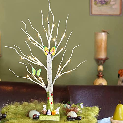 EAMBRITE Tabletop Tree Spring Decor Easter Tree with Timer Battery Powered White Birch Tree Rustic Farmhouse Centerpiece