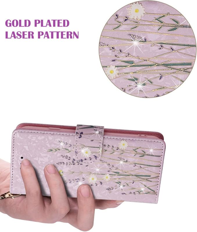 Image of ClickCase for iPhone 16 Gold Plating Printed PU Leather Wallet Case Flip Cover with Card Holder & Kickstand,Magnetic Flip Cover for iPhone 16 (Lavender)