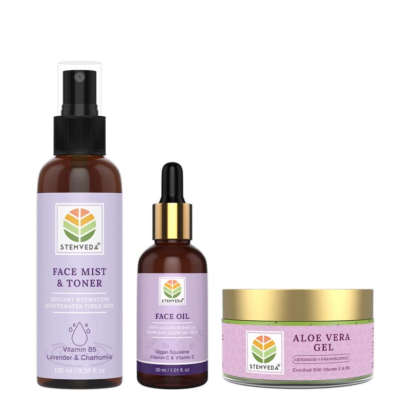 STEMVEDA Soothing Facial Hydration Kit (Combo Pack of 3) | Suitable for Sensitive Skin | Contents: Face Mist and Toner 100ml, Face Oil 30ml, Aloe Vera Gel 110g