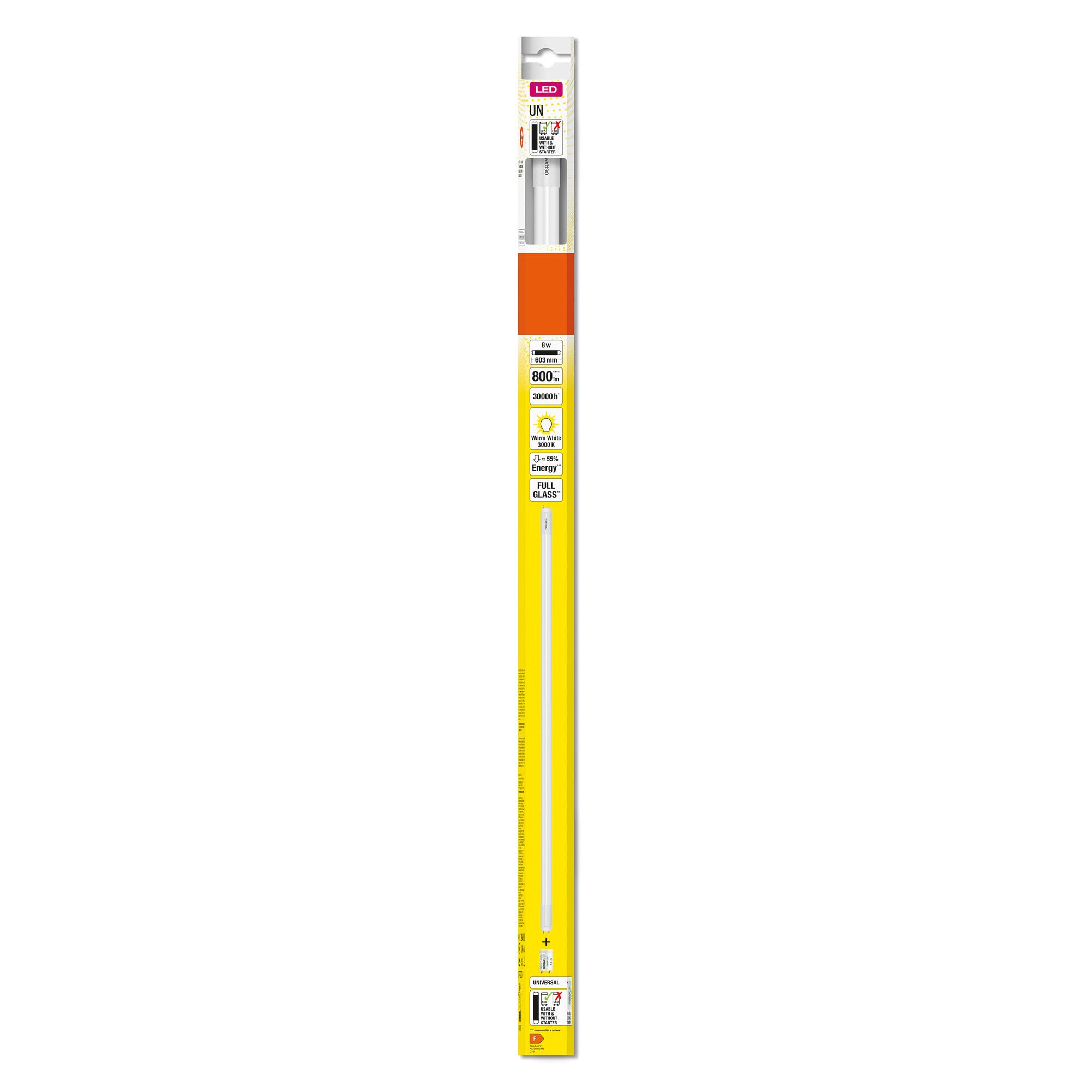 OSRAM LED TUBE T8 18 UN 600 mm, tubo LED lineal, 8W, 800lm, 3000K, luz blanca cálida, reemplazo LED para tubos fluorescentes T8 con casquillo G13, larga vida, optimo consumo de energía