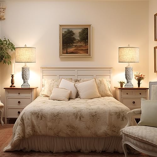 Fullarge T0110 Set Of 2 Farmhouse Table Lamps, 27.5'' Tall Rustic Bedside Lamps With Usb Ports, Vintage Nightstand Lamp Leafwork White Resin Lamp With Rotary Switch For Living Room,Bedroom thumb #5