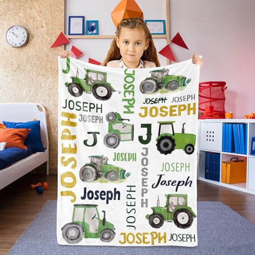 Image of Personalized Tractor Blanket with Name for Baby Boys Custom Blanket Trucks