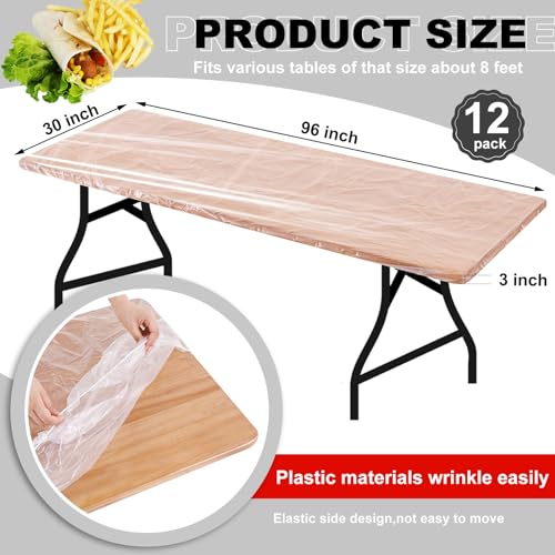 Image of Boao 12 Plastic Elastic Fitted Tablecloths, 8 Ft, 96 x 30 Inch, Clear