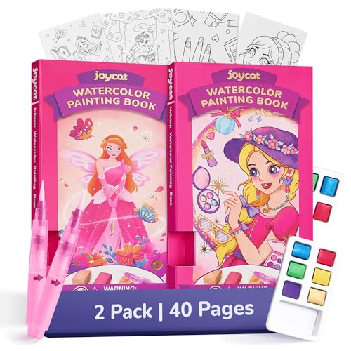 JoyCat 2 Pack Pocket Paint with Water Coloring Books for Kids, Art & Craft Activity Toy Set, Creative Travel & Home Painting Kit, Gifts for Girls & Boys Ages 3-8 (Makeup & Princess)