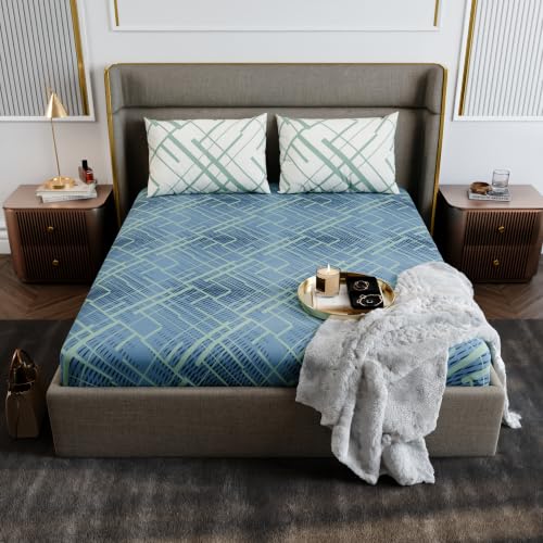 Image of Stoa Paris 100% Cotton King Size Fitted Bedsheet with 2 Pillow Covers, 180TC Printed Bedding Set, All-Season Comfort, Soft & Lightweight, Home Decor, Urbanscape - Mosaic Canopy (182cmx198cm+30cm)