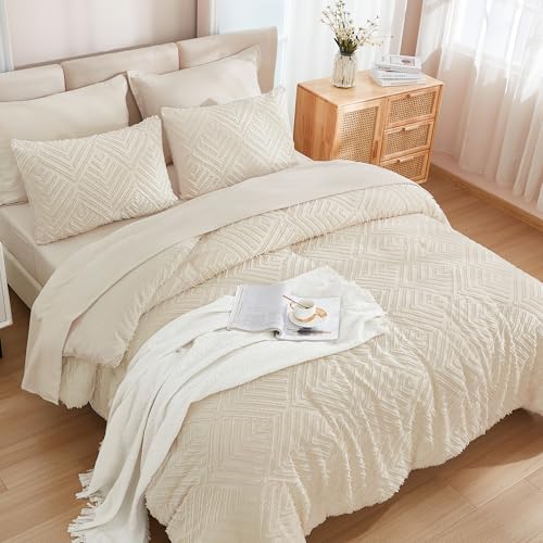 Image of Andency Oversized King Size Comforter Set with Sheets Beige - 7 Pieces Bed in a Bag Oversized King Boho Tufted Lightweight Bedding Sets with Comforter, Sheets, Pillowcases & Shams