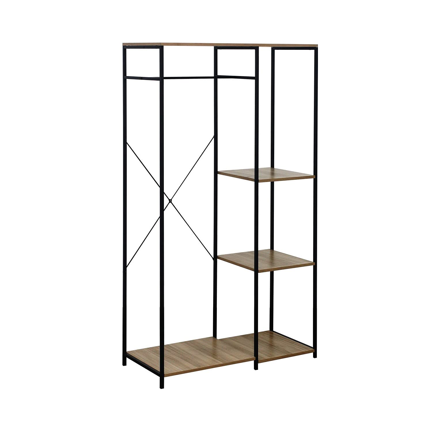 Perchero de Pie Metálico con 3 Baldas de Madera Modelo OILU de 7House | Perchero Industrial ideal para Entrada, Recibidor, Pasillo, Tienda de Ropa, Vestidor o Dormitorio | Dimensiones 167x90x40,4cm
