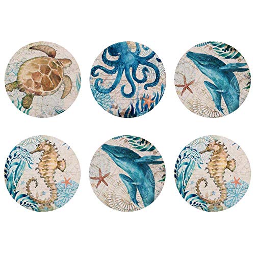 Mumeson Rubber Coasters for Drinks Sea Ocean Animal Design Beverage Coaster Set of 6 Moisture Absorbent Tableware for Cup Glass Coffee Gift TurtleOctopusDolphinSea Horse