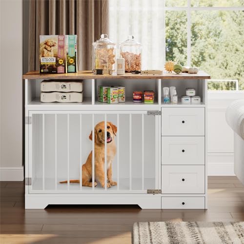 48'' Dog Crate Furniture, Farmhouse Dog Kennel Furniture with Dog Bowl & Storage Drawers, Heavy Duty Dog Cage End Table for Medium Small Dogs, White