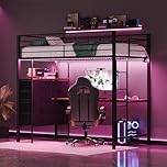 Bonnlo Loft Bunk Bed with Desk, 7 Storage Drawers and 38cm Extra-High Safety Guardrail, Metal Ladder Loft Bed - Charge Station/LED Light, Space-Saving Single High Sleeper Bed for Teens Adults, Black