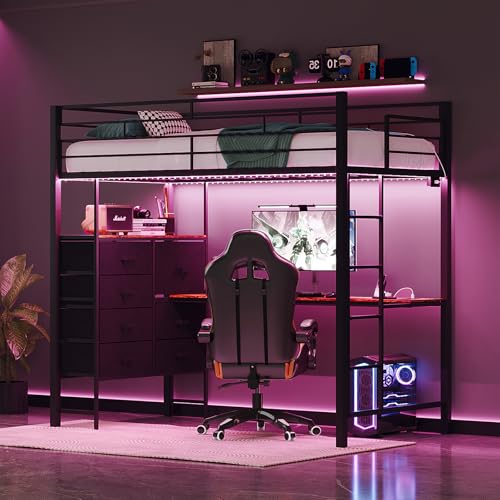 Bonnlo Loft Bunk Bed with Desk 7 Storage Drawers and 38cm Extra-High Safety Guardrail Metal Ladder Loft Bed - Charge Station/LED Light Space-Saving Single High Sleeper Bed for Teens Adults Black