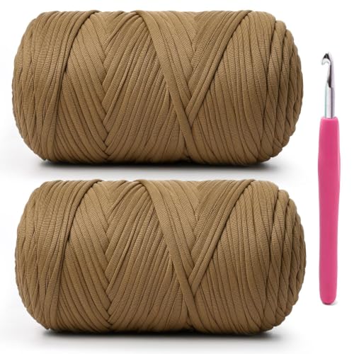 Image of 2 Pack Soft Tshirt Crochet Yarn, 800g /228yds High Elastic Hand Knitting Yarns, Thick T Shirt Yarn for Crocheting Bags, Baskets, Cushions, DIY Crafts(Deep Khaki + Deep Khaki)
