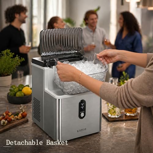 Image of Kismile Nugget Ice Maker Countertop, Sonic Ice Maker with 35Lbs /24H, First Ice in 7 Mins, 1.2L Water Tank, Ice Basket Holds 2.2Lbs, Self-Cleaning Pebble Ice Machine for Home Kitchen Office Bar(Silver)