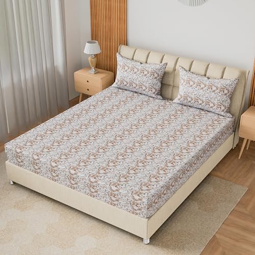 Image of LINENWALAS 100% Cotton 200 TC Double Fitted Sheet with 2 Pillow Covers | 360 Elastic Bedsheet with 4-8 inch Deep Pocket - Soft Breathable Bedding (72x72 inch, Whispering Wings)