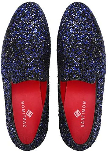 Santimon Mens Slip On Loafer Shoes Metallic Sequins Nightclub Glitter Loafers Luxury Wedding Prom Shoes Blue 12 US | Image 6