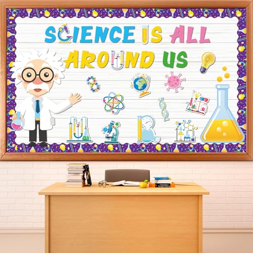 party greeting Science Bulletin Board Set Science is All Around Us Classroom Decoration Scientist Lab Paper Cutouts Bulletin Board Border for Wall Decor Teacher Must Haves Back to School Supplies
