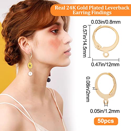 Beebeecraft 1 Box 50Pcs Leverback Earring Hooks 24K Gold Plated Round French Earring Hooks Earwire Findings 14.5x12mm for DIY Jewellery Earring Making - Image 2