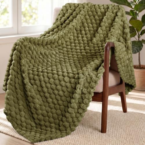 Image of Exclusivo Mezcla Large 3D Fleece Throw Blanket for Couch, Olive Green | Extra Soft Fuzzy Plush Lightweight Throws, Cozy Fluffy Decorative Blankets for All Seasons, 50x70 Inches