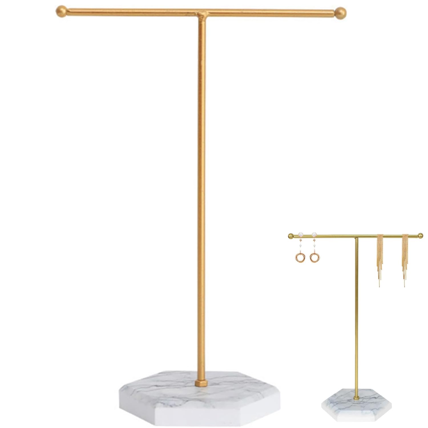 Jjiaolinin Gold-2 Jewellery Organiser Stand, Hanging Jewelry Organizer, Metal T-Bar Necklace Display Stand With Marble Pattern Tray,Suitable For Necklaces,Bracelets,Earrings,Rings,Watches,Etc(White+Gold)