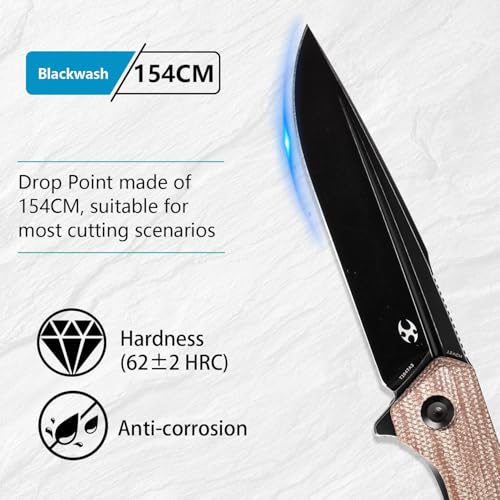 KANSEPT Qilin Pocket Knife, 3.24'' Blackwash 154CM Sharp Blade, Brown Micarta Handle for Edc, Flipper and Liner Lock with Double-Sided Clip, Men Camping Survival Folding Knives T1047A3
