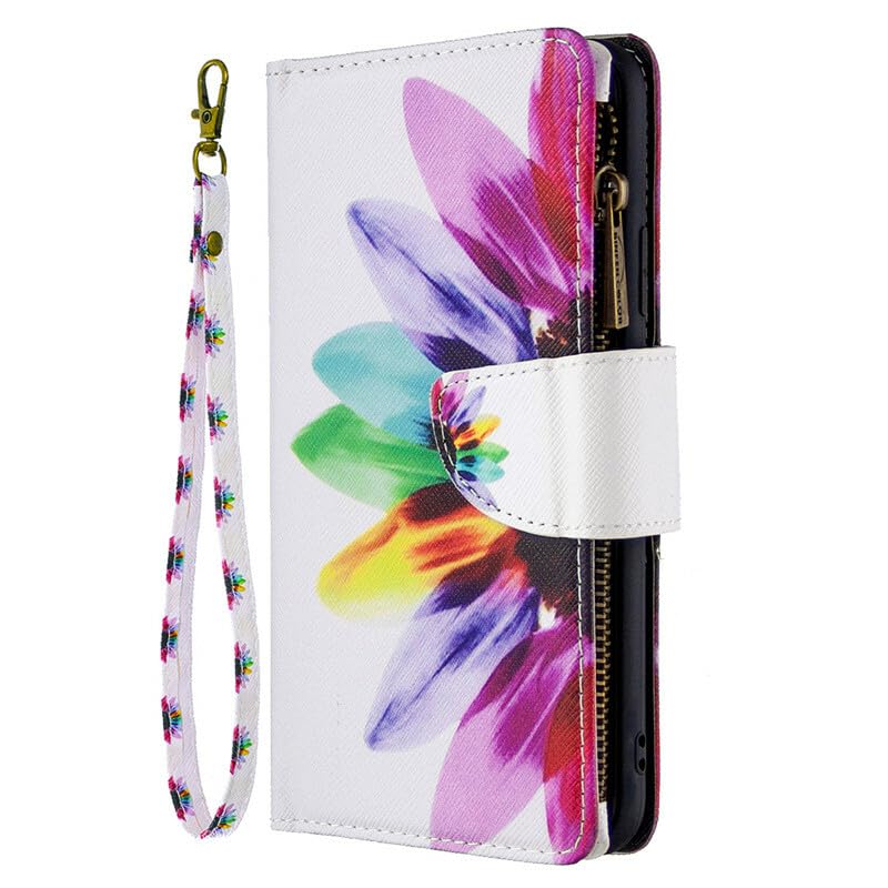Étui à rabat en cuir pour iPhone 12 avec coque fermeture éclair motif floral
