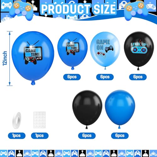 Image of Video Game Party Balloons,30Pcs 12inch Blue Black Confetti Game Theme Printed Balloons Decorations for Game Party Supplies Teens Player Birthday Party Decorations