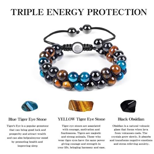 Triple Protection Bracelet - 8mm Blue Tiger Eye, Obsidian & Hematite Natural Crystal Gemstone Healing Bracelet Brings Good Luck, Health & Happiness - Ideal Gift2