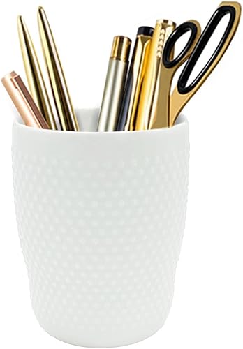 Soporte para bolígrafo de cerámica vintage para escritorio, organizador de escritorio blanco, vaso redondo para oficina y hogar, soporte para