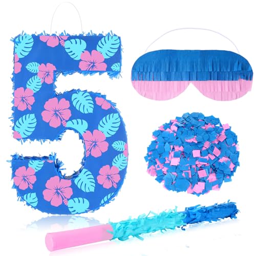 Halloscume Number 5 Piata with Hibiscus Design Dark Blue Birthday Decorations with Stick Blindfold Confetti for Anniversary Party Decorations Supplies
