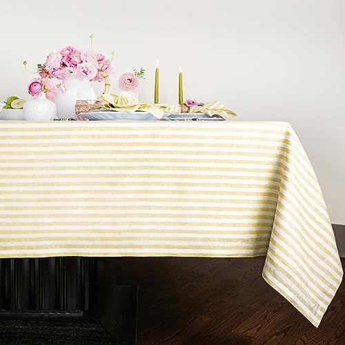 Solino Home 100% Pure Linen Tablecloth, 60 x 144 in, Yellow, Amalfi Stripe