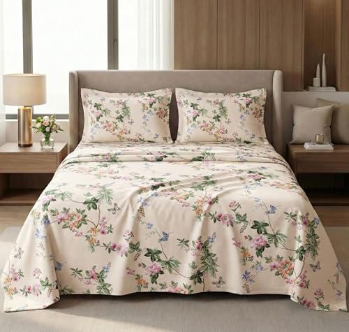 Image of VAS COLLECTIONS Kingston Collection King Size Bedsheet Set 3 Pcs | Soft Luxury Bedsheet with 2 Pillow Covers | Breathable & Shrinkage Resistant | 108x108 Inches (274x274 cm) (Cream, Green)