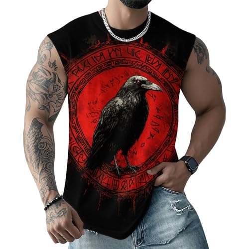 ENLACHIC Men's 3D Viking Tattoo Print Tank Tops Muscle Fit Norse Mythology Summer Gym Sleeveless Shirts
