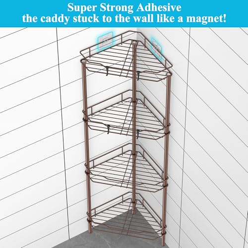 Image of HuggieGems 4 Tier Floor Standing Corner Shower Caddy Organizer Shelf with Hooks, Bathroom Shelves Stand Rack, Coffee
