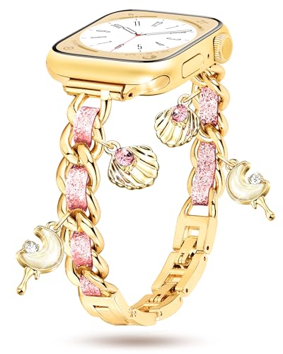 Image of Slim Gold Metal Band Compatible with Apple Watch Bands for Women 38mm 40mm 41mm 42mm 44mm 45mm 46mm, Dressy Designer Charm Bracelet Thin iWatch Bands for SE 3 2 1 Series 11 10 9 8 7 6 5 4 3 2