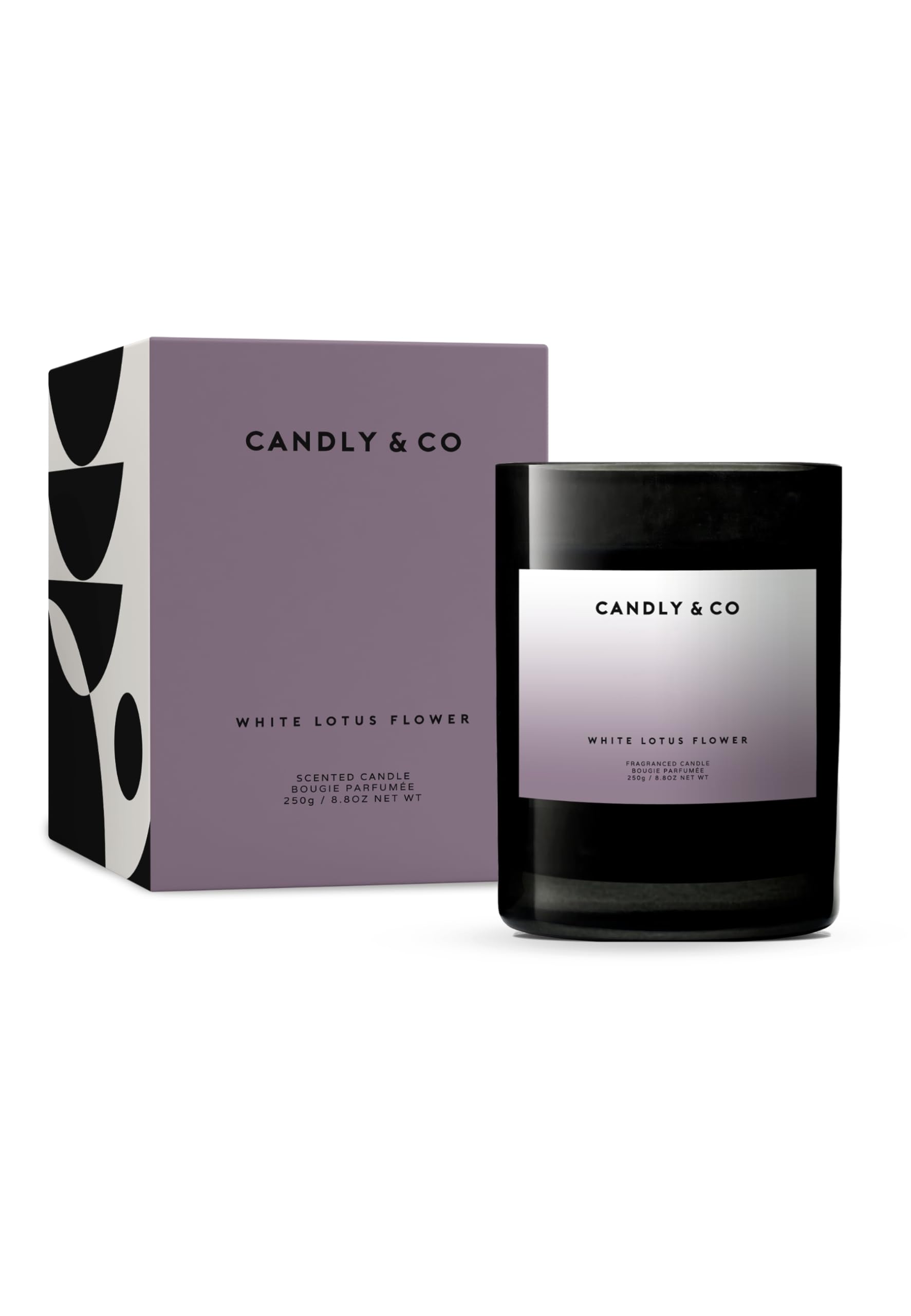 Candly&Co n. 8 Fiore di Loto Bianco/Candela profumata di lusso/ 100% soia/Vetro fumé/Stoppino di cotone/ 250g/ Fiore di Loto, Uva, Ribes, Muschio, Foglie Verdi/Fatto a mano nell'UE