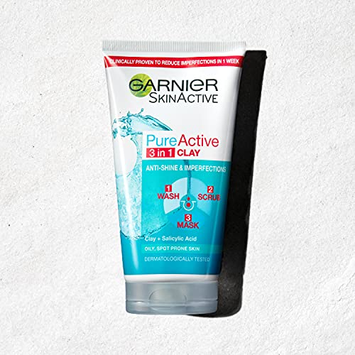 Garnier Pure Active 3in1 Clay Mask-Wash-Scrub 150ml, With Clay, Eucalyptus & Salicylic Acid, Face Cleanser For Oily Skin, Packaging May Vary (Pack of 3) - Image 3