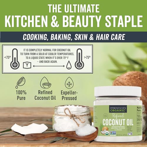 Image of Viva Naturals Refined Coconut Oil, 16 fl oz - Expeller-Pressed, USDA Organic, Neutral Flavor & Aroma, Ideal for Cooking, Baking, Hair & Skin Moisturizer