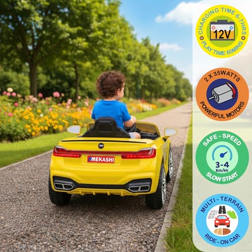 Image of MEKASHI Electric Ride-On Car for Kids 1-7 Years, 12V Battery, Remote Control, 5 Speed, LED Lights, Bluetooth, Glossy Yellow