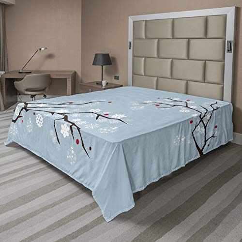 Ambesonne Snowy Trees Flat Sheet, Christmas Design of Branches Detailed with Snowflakes, Soft Comfortable Top Sheet Decorative Bedding 1 Piece, California King, Blue Grey Dark Cocoa