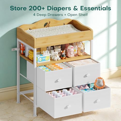 Image of POKIPO Bamboo Changing Table Dresser with Sturdy Metal Frame, 4 Fabric Drawers, 3-in-1 Baby Dresser with Changing Table Top, Diaper Changing Station and Storage Organizer for Modern Nursery