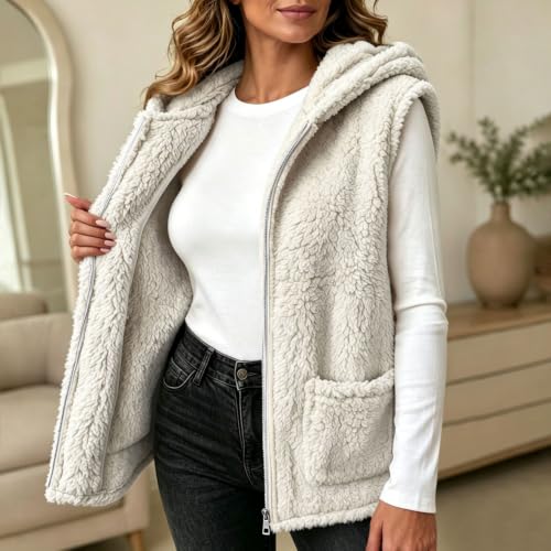 Womens Fuzzy Fleece Vest Hooded Full Zip Sleeveless Jacket with Pockets - image 3