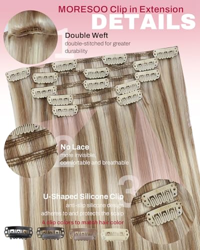 Image of Moresoo Human Hair Clip in Extensions Blonde Highlights Brown Real Human Hair Extensions Clip ins Platinum Blonde with Medium Golden Brown Short 14 inch for Women Double Weft 80g /5pcs
