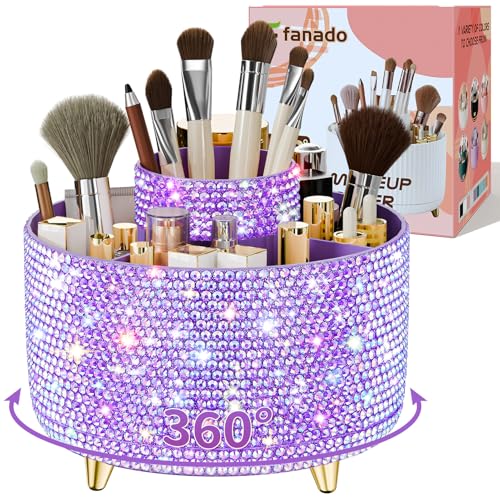 Image of fanado Bling 360 Rotate Makeup Brush Holder Organizer, Makeup Organizers Countertop, Makeup organization and Skincare Storage for Vanity, Gift for Women Girls (Bling dz-Purple)