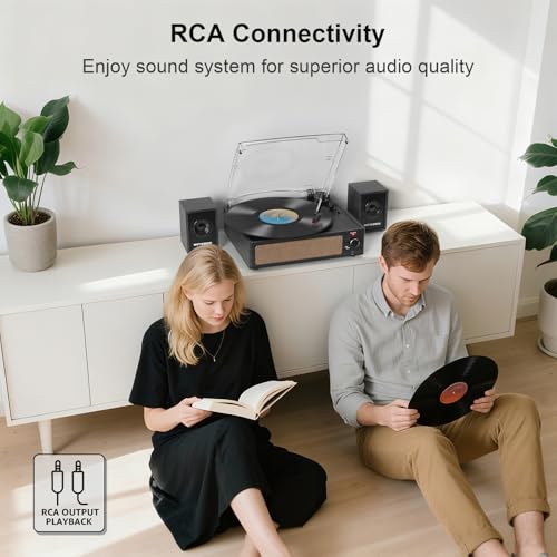 Image of Record Player with Passive Bookshelf Speakers Belt-Drive Vintage Turntable for Vinyl Records External Dual Stereo Speakers LP Players 3 Speed Wireless AUX Headphone Input Auto Stop Retro Black Wooden