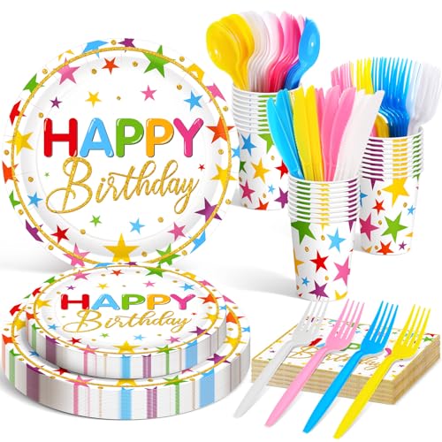 Meanplan LO-MEANPLAN-4071 Serves 24 Guests Happy Birthday Plates And Napkins Rainbow Star Birthday Tableware Set Rainbow Happy Birthday Party Decorations cover